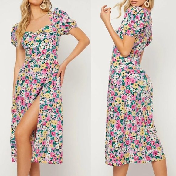 Tops - Floral print  puff sleeve slit thigh maxi dress